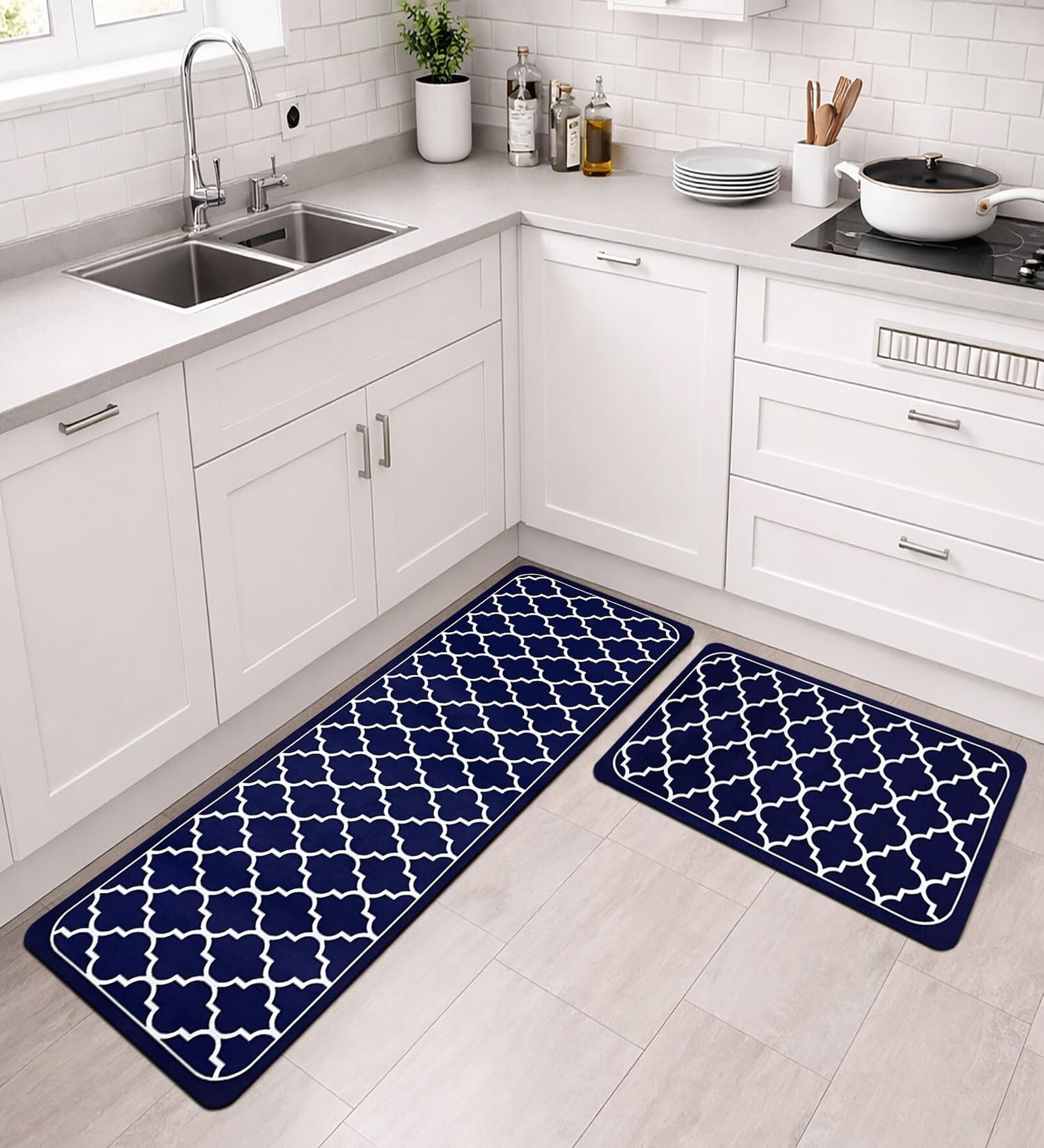 Blue Quatrefoil Design Kitchen Floor Runner and Mat Combo Pack of 2