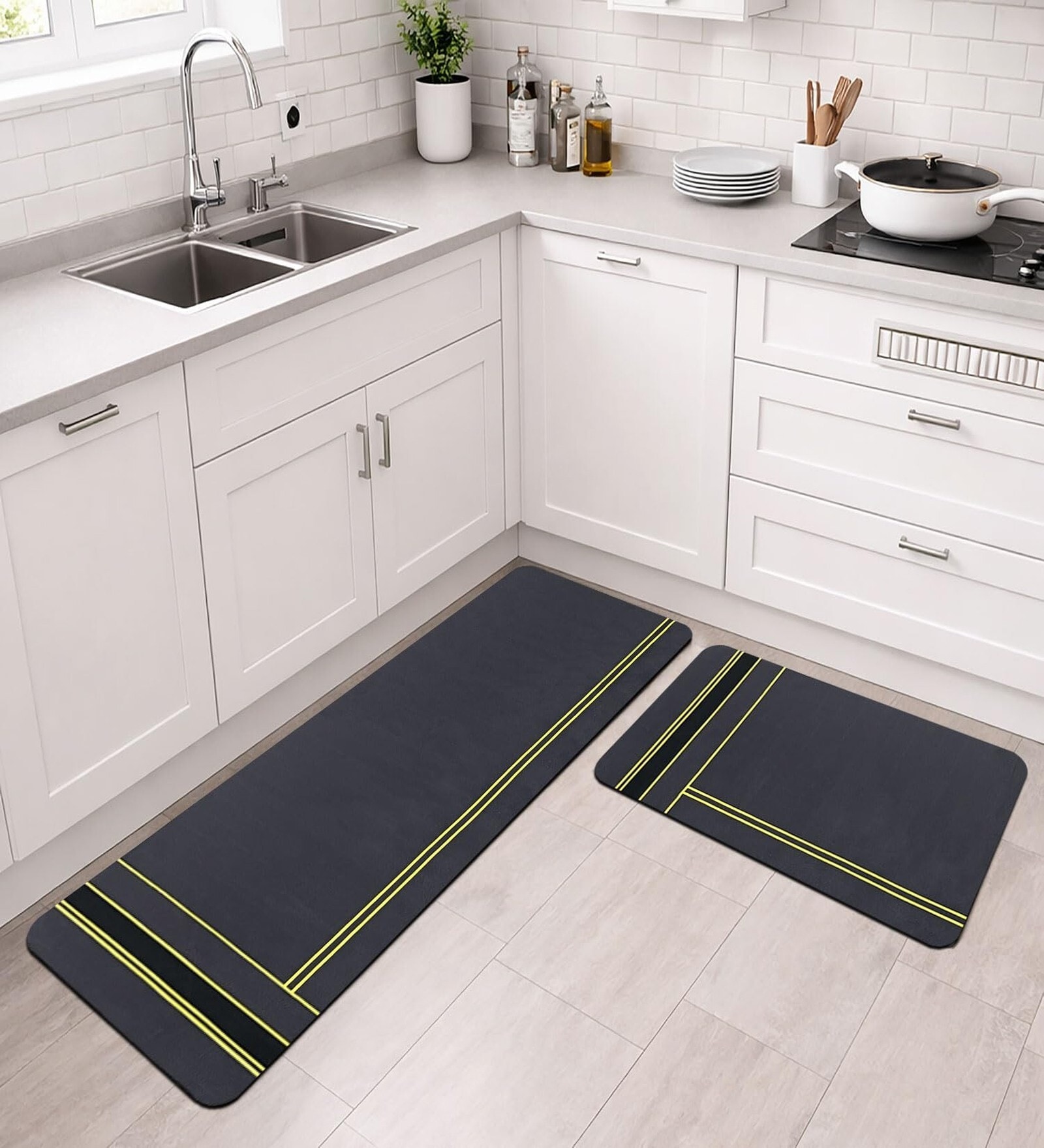 Grey Stripe Design Kitchen Floor Runner and Mat Combo Pack of 2