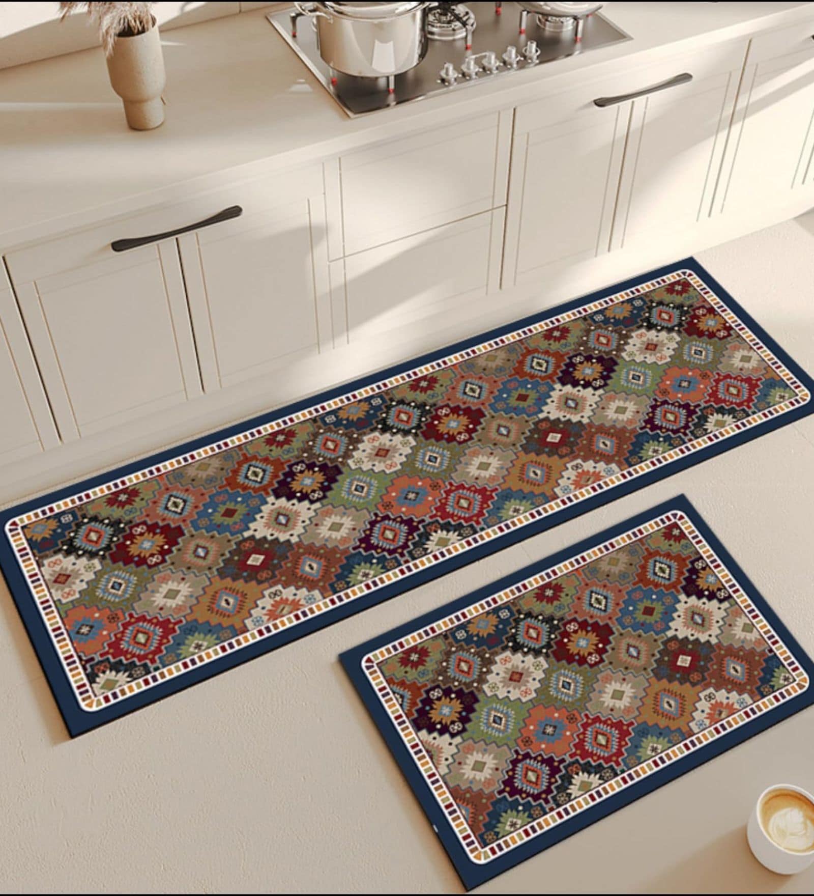 Pack of 2 Multicolor Traditional Runner and Door Mat Combo