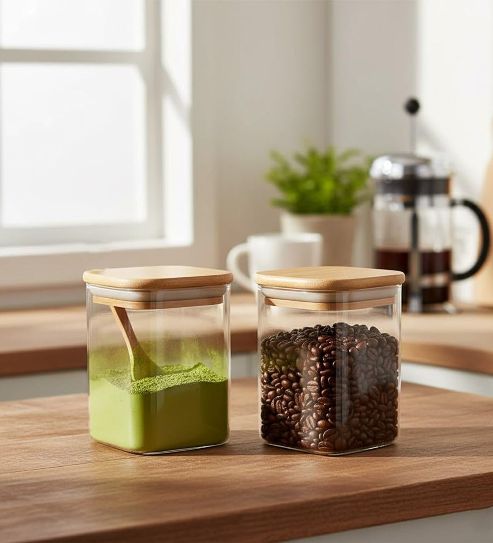 Kitchen Storage Jars Borosilicate Glass Jar with Wooden Lid Air Tight Jar, 450 ML, Pack of 2, Transparent