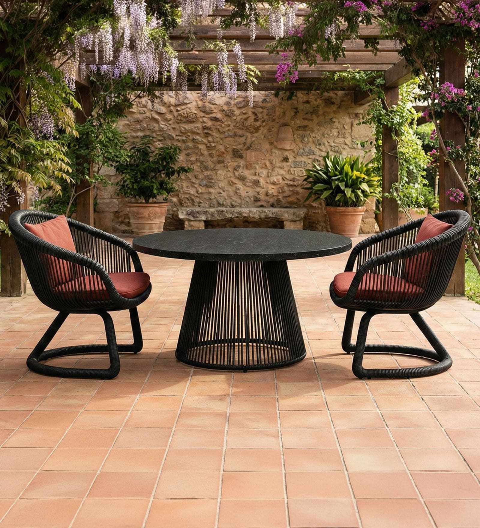 Kiva Wicker Outdoor Table & Chair Set In Black Finish