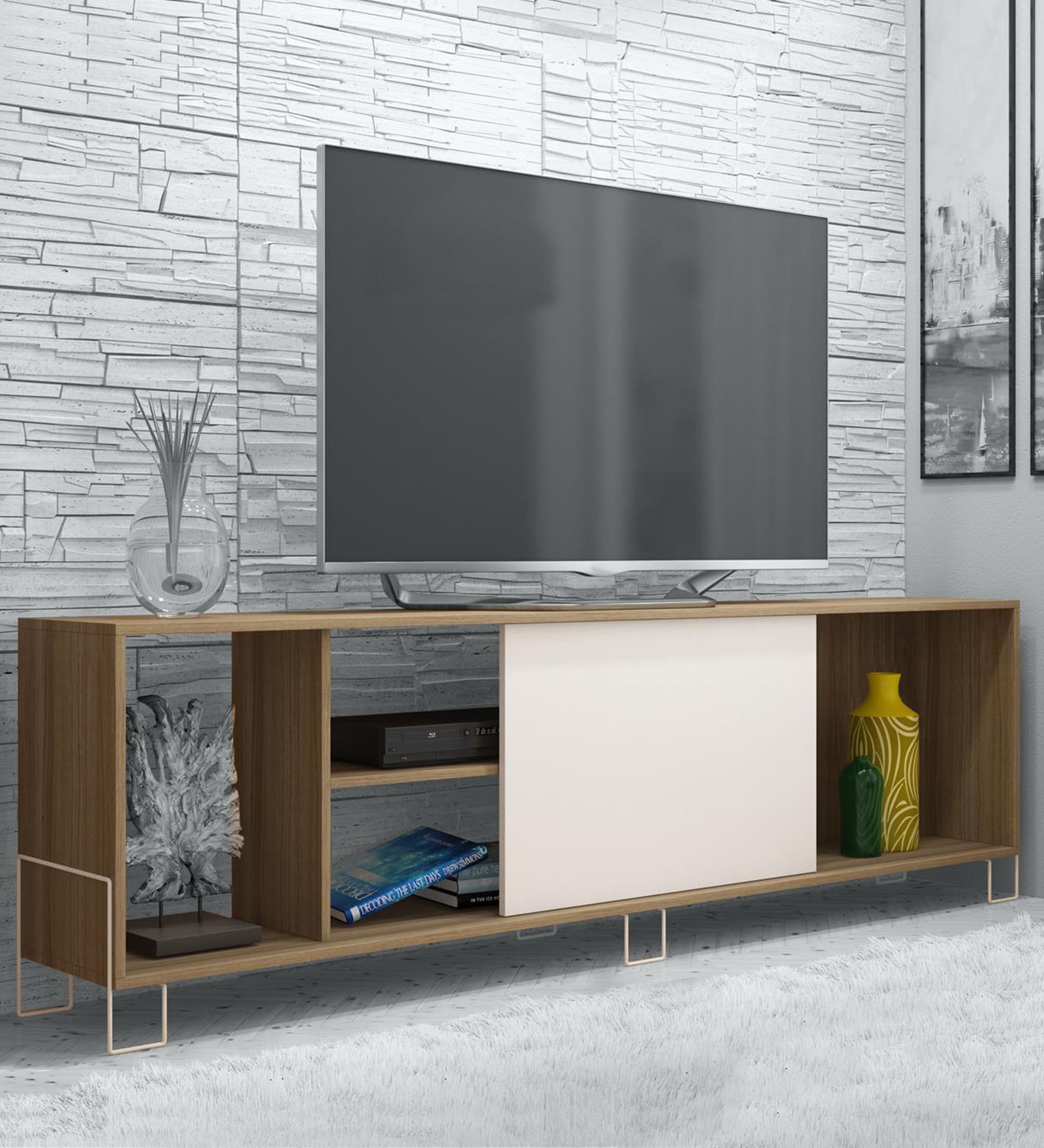 Kiwako TV Console In White & Oak Finish Kiwako TV Console In White & Oak Finish