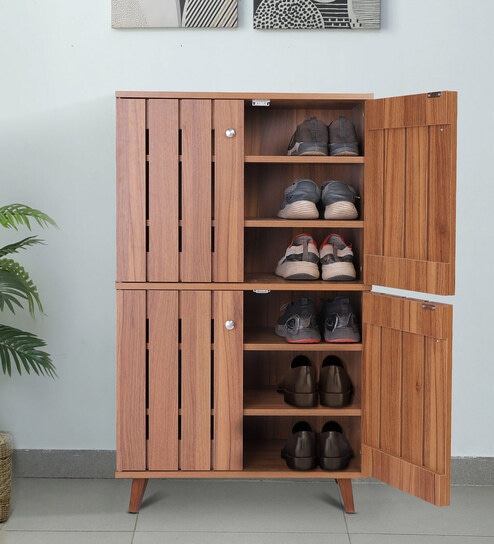 Kibo 18- Pairs 4 Door Shoe Cabinet In Lyon Walnut Finish