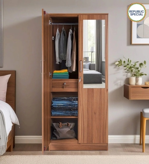 Kibo 2 Door Wardrobe In Lyon Walnut Finish With Mirror & Drawer