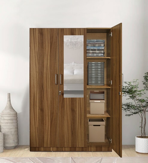 Kibo 3 Door Wardrobe In Lyon Walnut Finish With Drawer& Adjustable Shelves & Mirror
