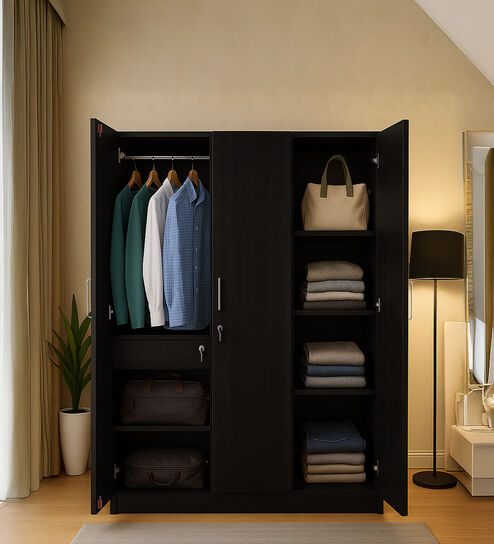 Kibo 3 Door Wardrobe In Wenge Finish With Drawer & Adjustable Shelves
