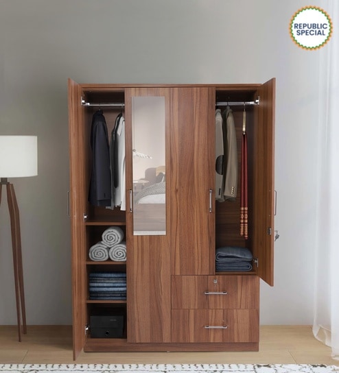 Kibo 4 Door Wardrobe In Lyon Walnut Finish With Mirror & Adjustable Shelf & Drawer