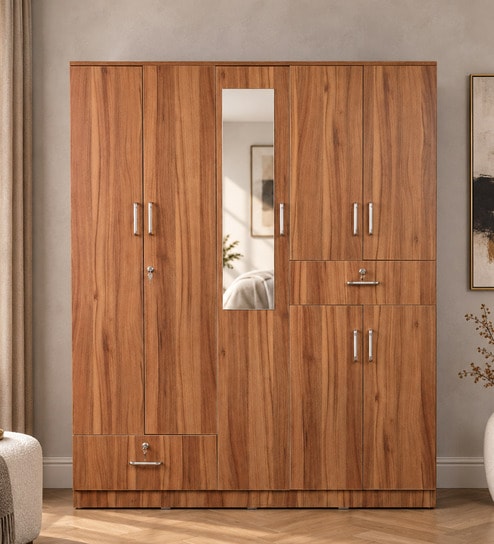 Kibo 5 Door Wardrobe In Lyon Walnut Finish With Adjustable Shelf & Drawer