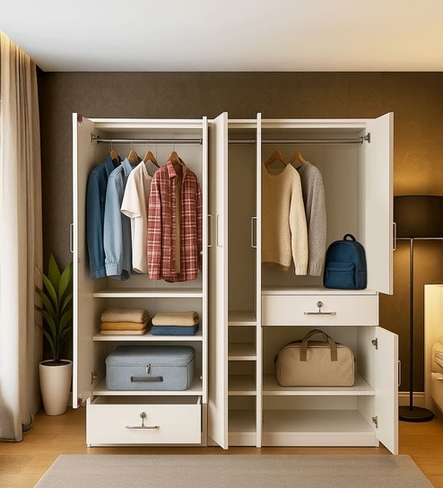 Kibo 5 Door Wardrobe With Adjustable Shelf In Off White With Mirror & Drawer