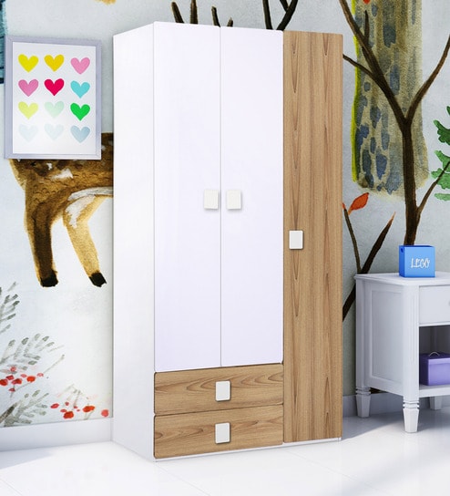 Buy Kids Three Door Wardrobe With Drawers In Brown White Colour