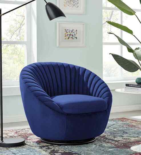 Kieon Velvet Fabric Barrel Chair In Blue Colour
