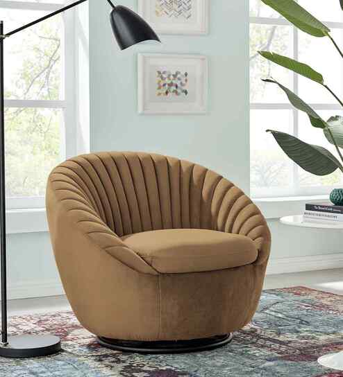 Kieon Velvet Fabric Barrel Chair In Brown Colour