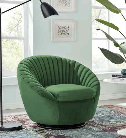 Kieon Velvet Fabric Barrel Chair In Green Colour