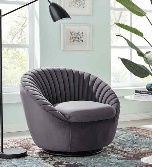 Kieon Velvet Fabric Barrel Chair In Grey Colour