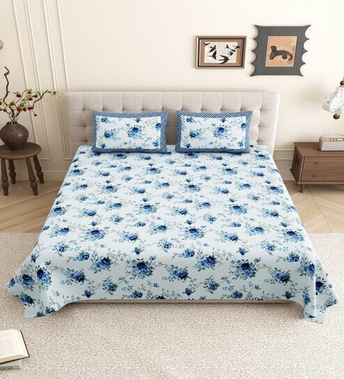 Blue Floral 144 TC Cotton King Size  King Size Bedsheet With 2 Pillow Cover