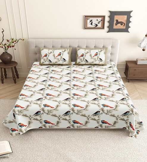 Cream Birds Print 144 TC Cotton King Size  King Size Bedsheet With 2 Pillow Cover