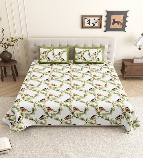 Green Birds Print 144 TC Cotton King Size  King Size Bedsheet With 2 Pillow Cover
