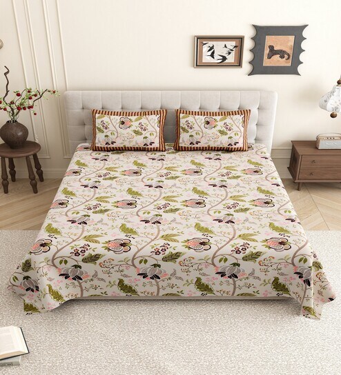 Brown Beige Floral 144 TC Cotton King Size  King Size Bedsheet With 2 Pillow Cover