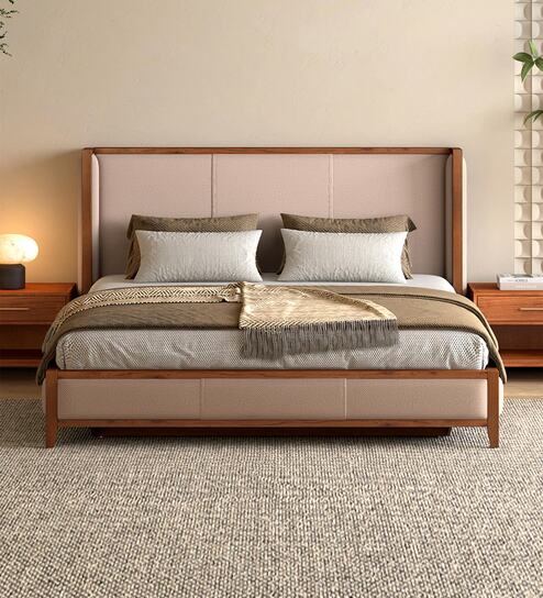 Kingsley Fabric Queen Size Bed In Beige Colour With Hydraulic Storage