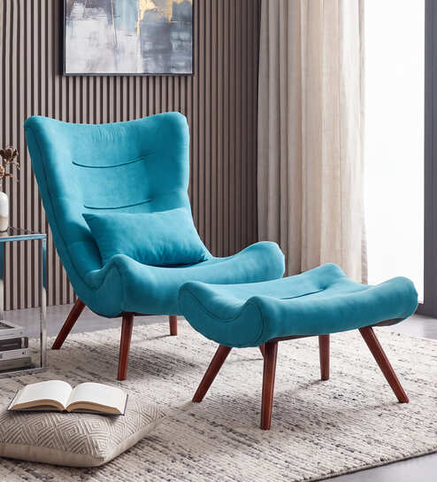 Kintze Chenille Chair With Ottoman In Blue Colour