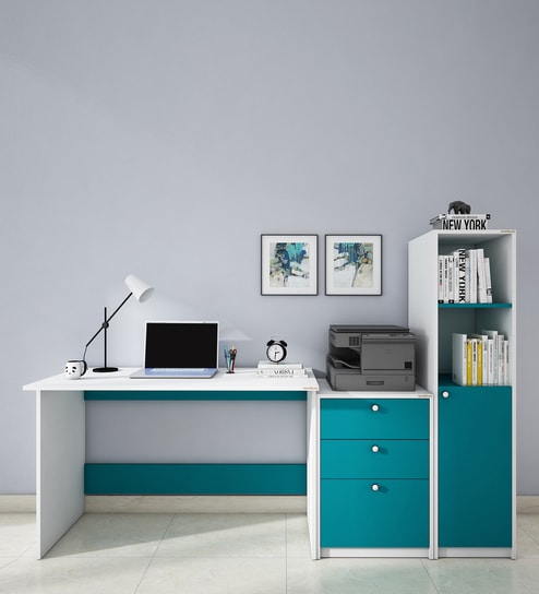 Kipling Hutch Desk in Frosty White And Ocean Green Finish