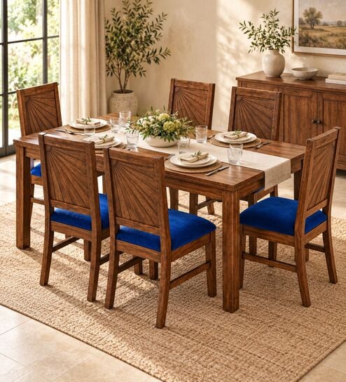 Kiran 6 Seater Dining Set In Provincial Teak Finish With Navy Blue Colour Chair