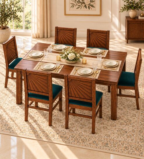 Kiran 6 Seater Dining Set In Provincial Teak Finish With Teal Green Colour Chair