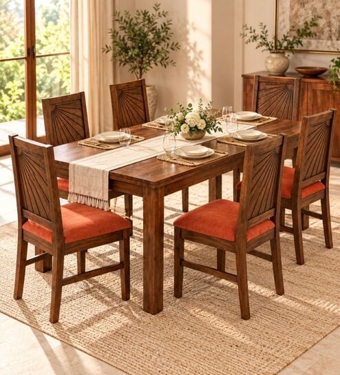 Kiran 6 Seater Dining Set In Provincial Teak Finish With Terracotta Orange Colour Chair