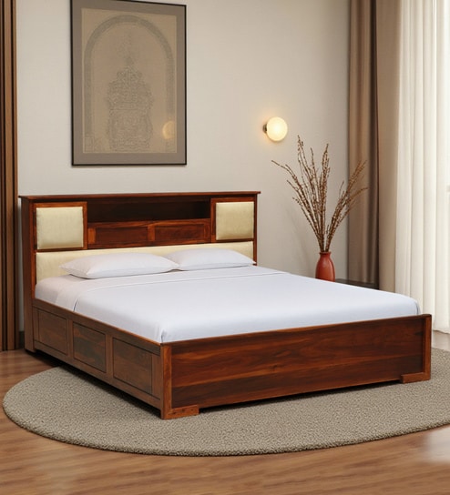Kirtorf Sheesham Wood King Size Bed In Honey Oak Finish With Box Storage