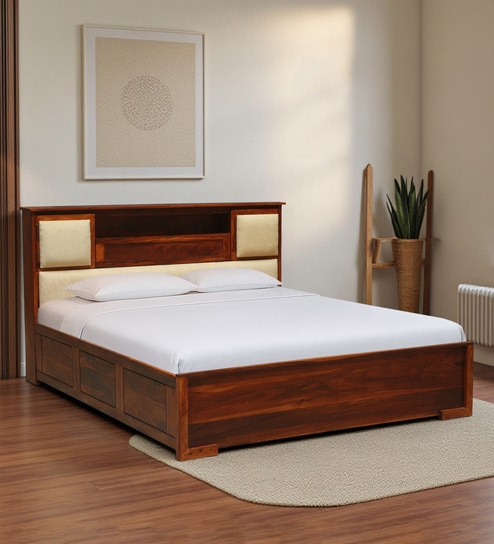 Kirtorf Sheesham Wood Queen Size Bed In Honey Oak Finish With Box Storage