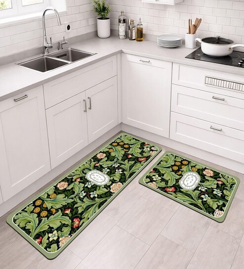 Green Floral Design Kitchen Floor Runner and Mat Combo Pack of 2