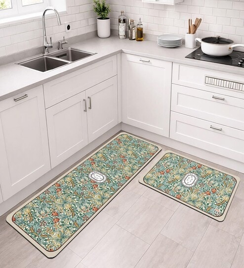 White Floral Design Kitchen Floor Runner and Mat Combo Pack of 2
