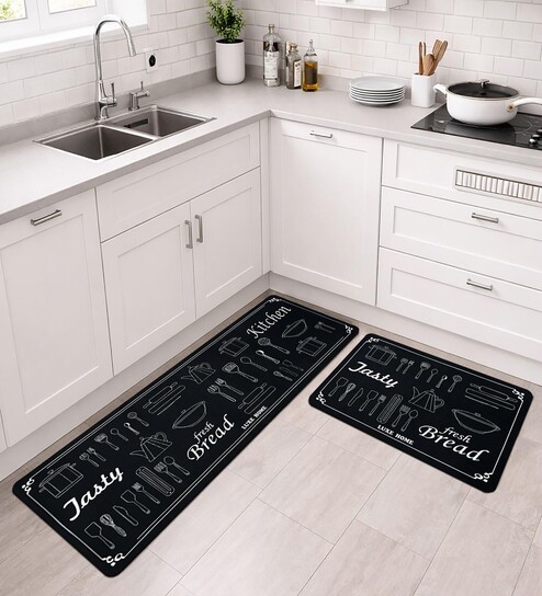 Grey Tasty Fresh Bread Design Kitchen Floor Runner and Mat Combo Pack of 2