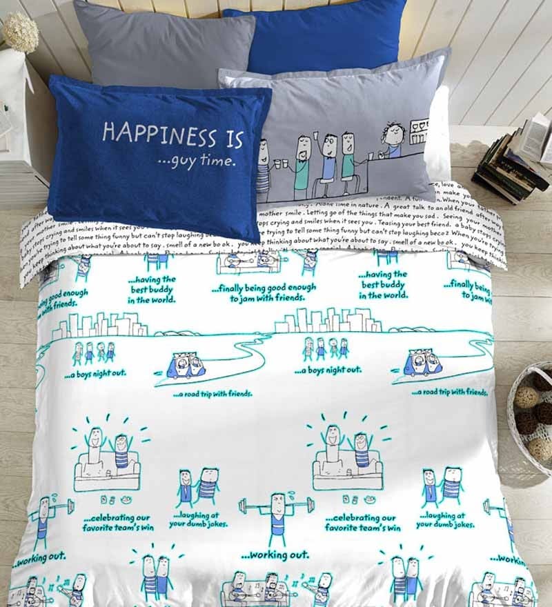 Buy Portico New York King Size Blue & White Happiness Is Bedsheet Set
