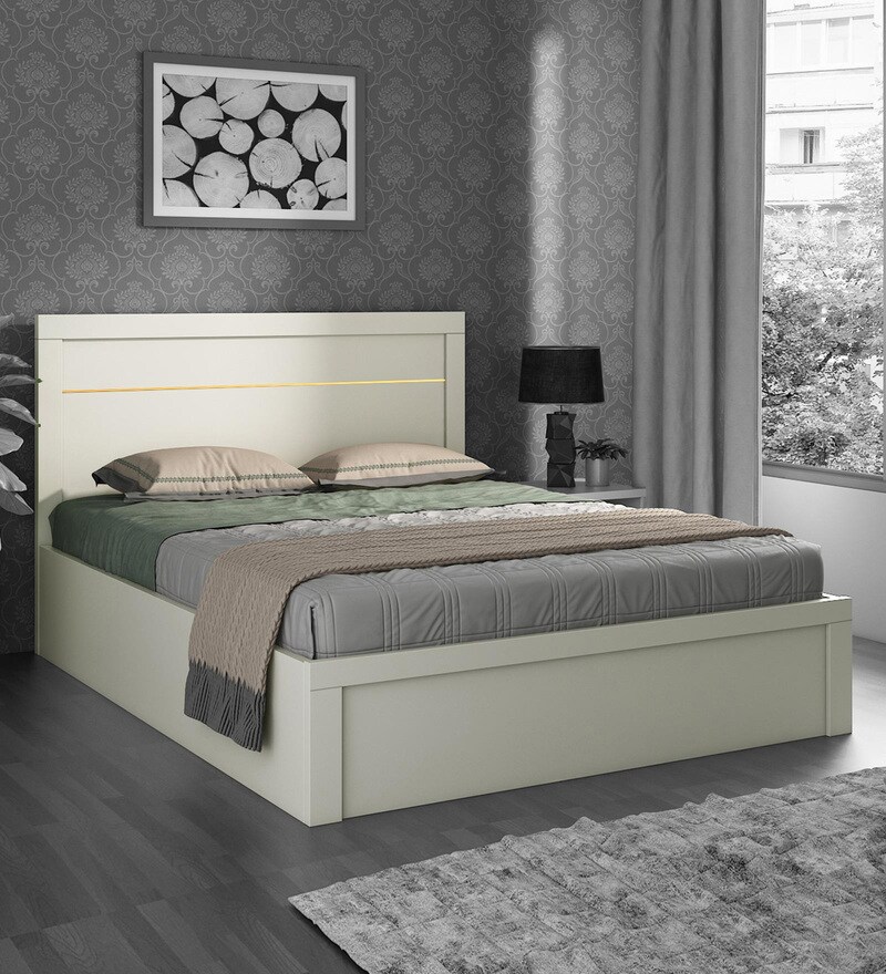 Buy Kingslay King Size Bed with Box Storage in White Colour by Hometown