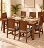 Kiran 6 Seater Dining Set In Provincial Teak Finish With Grey Colour Chair Kiran 6 Seater Dining Set In Provincial Teak Finish With Grey Colour Chair