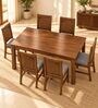 Kiran 6 Seater Dining Set In Provincial Teak Finish With Grey Colour Chair Kiran 6 Seater Dining Set In Provincial Teak Finish With Grey Colour Chair
