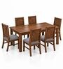 Kiran 6 Seater Dining Set In Provincial Teak Finish With Grey Colour Chair Kiran 6 Seater Dining Set In Provincial Teak Finish With Grey Colour Chair