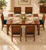 Kiran 6 Seater Dining Set In Provincial Teak Finish With Teal Green Colour Chair Kiran 6 Seater Dining Set In Provincial Teak Finish With Teal Green Colour Chair