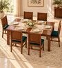 Kiran 6 Seater Dining Set In Provincial Teak Finish With Teal Green Colour Chair Kiran 6 Seater Dining Set In Provincial Teak Finish With Teal Green Colour Chair