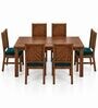 Kiran 6 Seater Dining Set In Provincial Teak Finish With Teal Green Colour Chair Kiran 6 Seater Dining Set In Provincial Teak Finish With Teal Green Colour Chair
