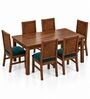 Kiran 6 Seater Dining Set In Provincial Teak Finish With Teal Green Colour Chair Kiran 6 Seater Dining Set In Provincial Teak Finish With Teal Green Colour Chair