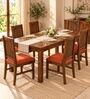 Kiran 6 Seater Dining Set In Provincial Teak Finish With Terracotta Orange Colour Chair Kiran 6 Seater Dining Set In Provincial Teak Finish With Terracotta Orange Colour Chair