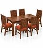 Kiran 6 Seater Dining Set In Provincial Teak Finish With Terracotta Orange Colour Chair Kiran 6 Seater Dining Set In Provincial Teak Finish With Terracotta Orange Colour Chair