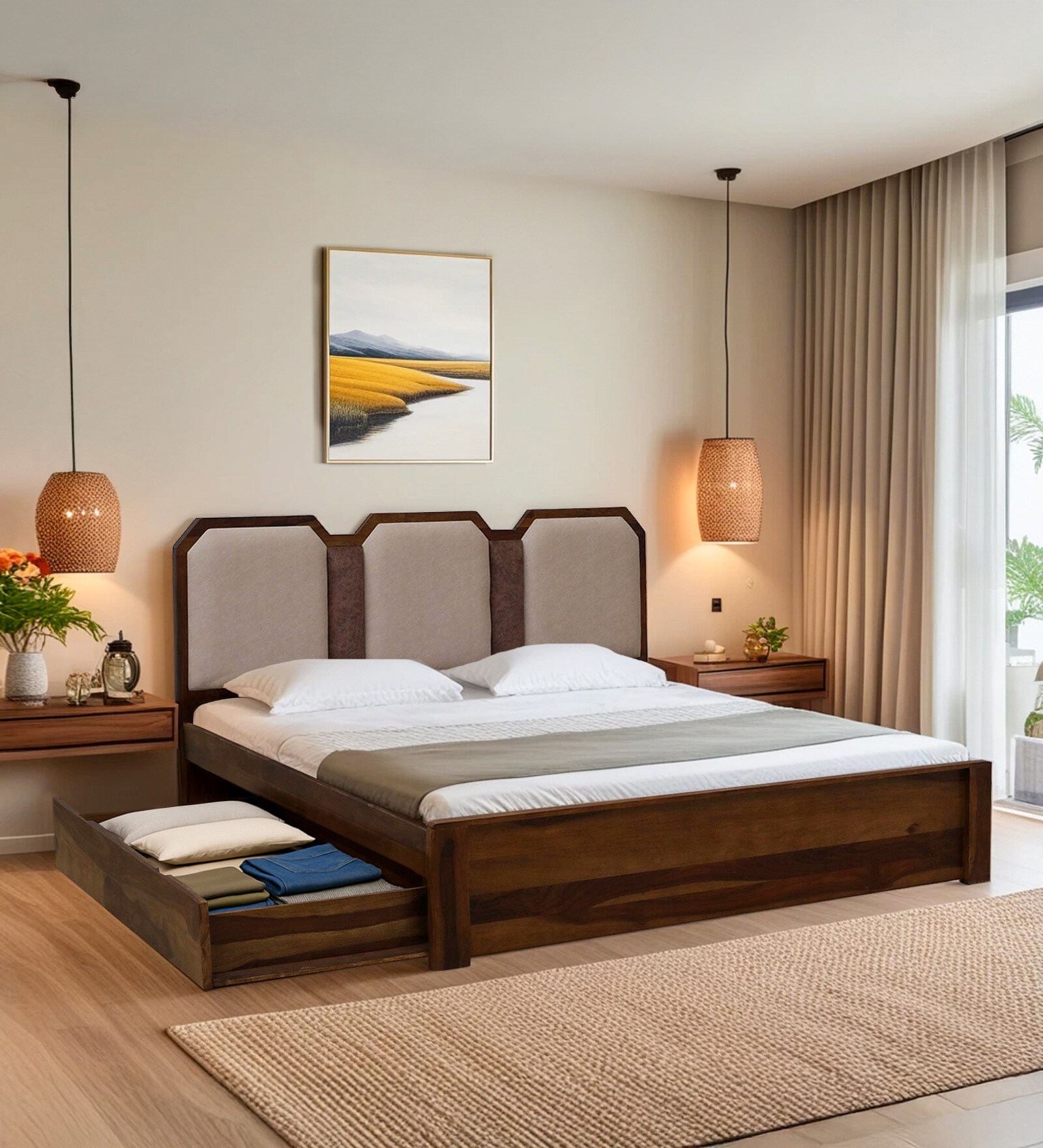 Klarup Sheesham Queen Size Bed In Scratch Resistant Provincial Teak Finish With Drawer Storage