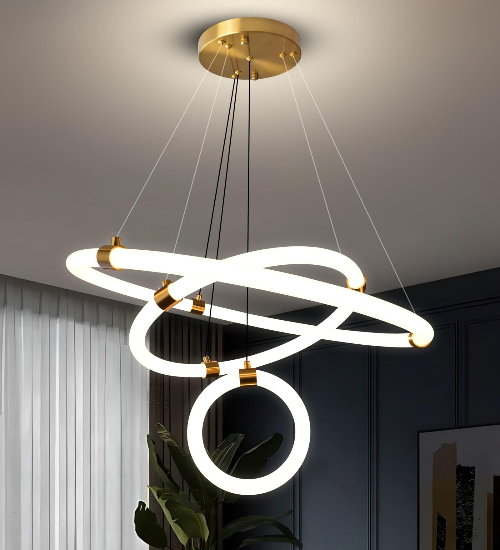 Kleum 84W Smart LED Chanderlier Light | 60 cm Modern Luxury Ceiling Fixture | Google & Alexa Voice Control | Height Adjustable | Warm White | Living Room, Dining, Bedroom & Hall