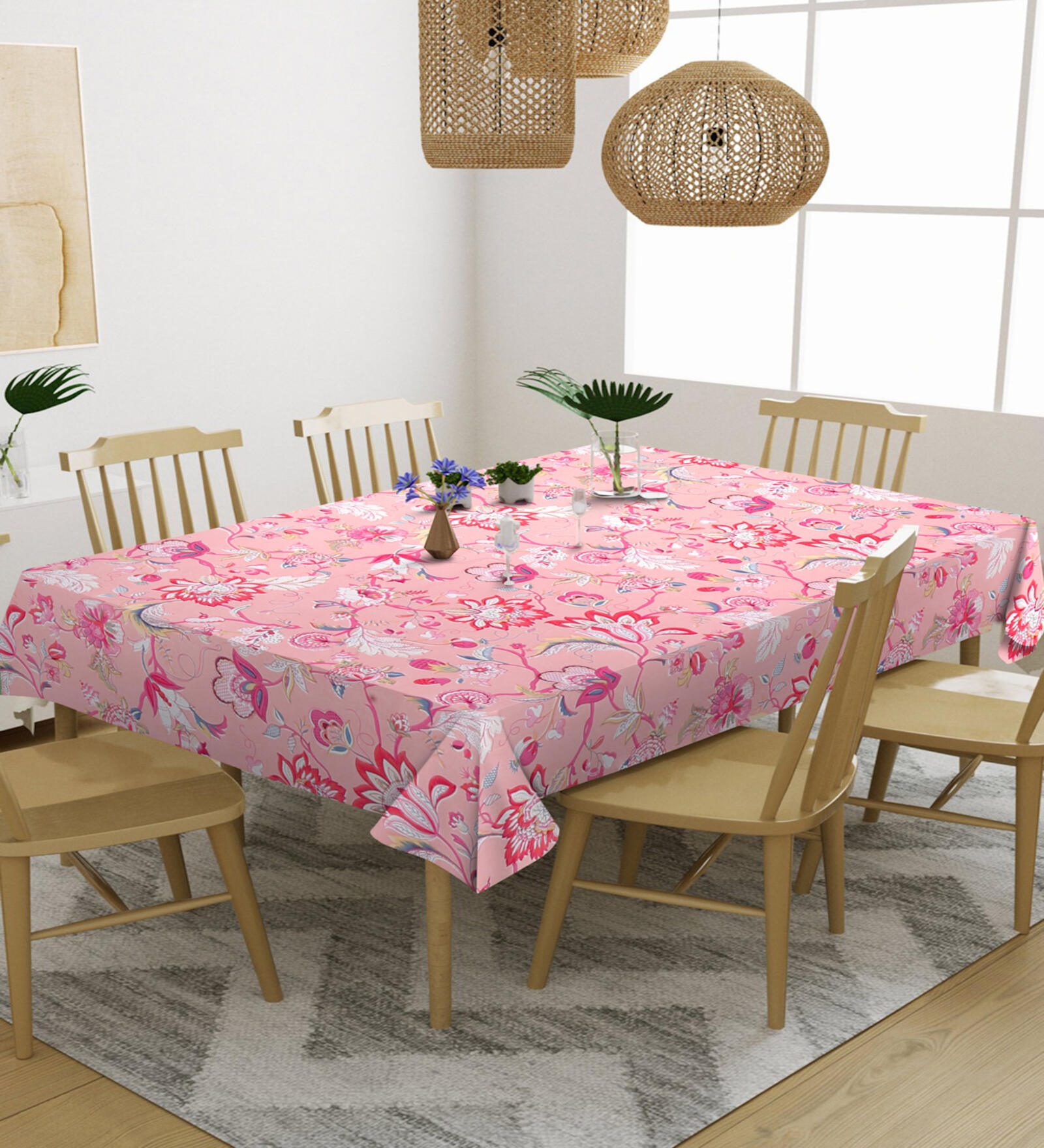 Pink Floral Cotton Blend 6 Seater Rectangular Table Cover
