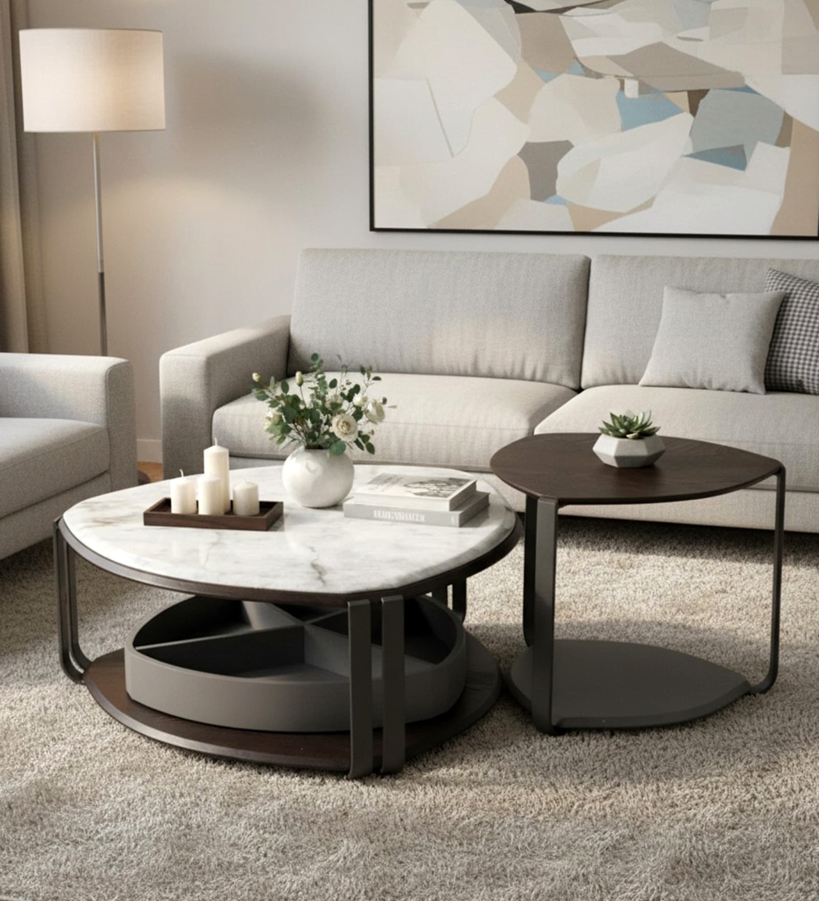 Knox Metal Nesting Coffee Table Set in Grey Finish with White Marble Top 