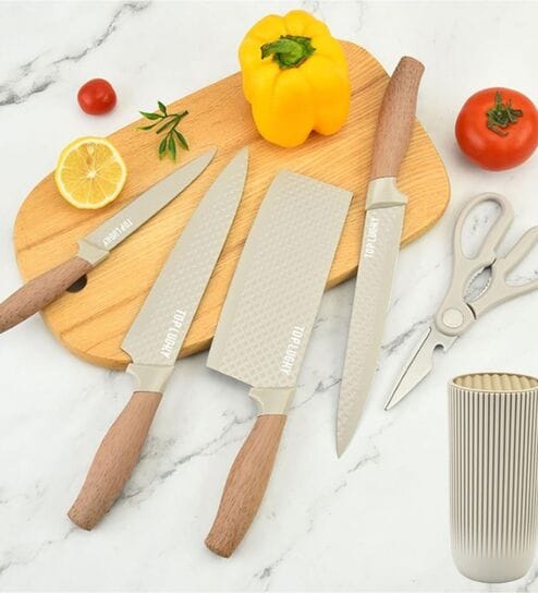 Knife Set, 6-Piece Khaki Kitchen Knife Set for Home, Anti-Rust Non-Stick Stainless Steel Sharp Chef Knife Sets with Universal Knife Block for Kitchen, Ergonomical Design