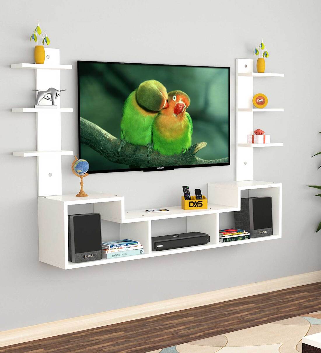 Wooden Wall Mounted TV Unit, With TV Stand Unit Wall Shelf For